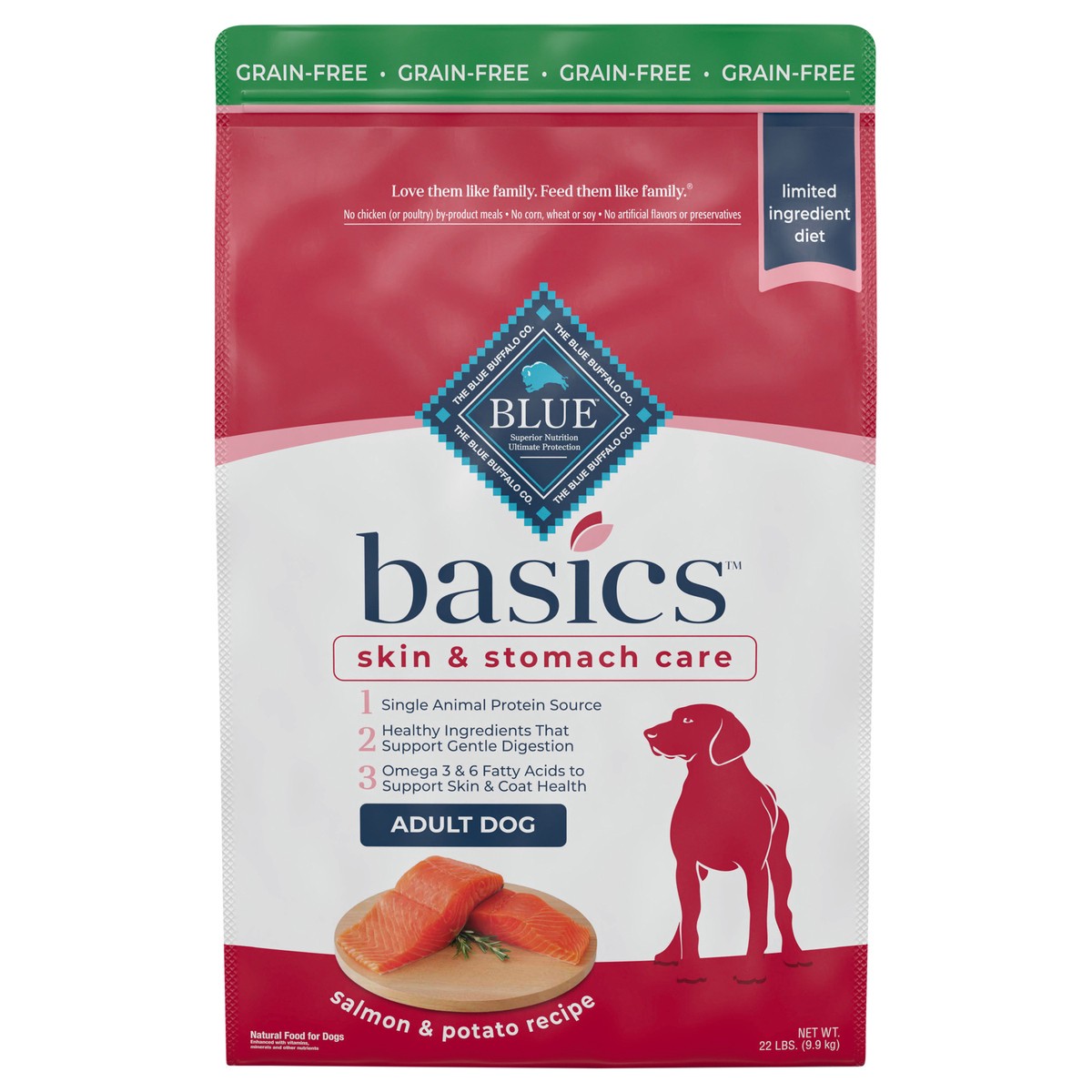 slide 1 of 9, Blue Buffalo Blue Basics Limited Ingredient Grain Free Salmon & Potato Adult Dog Food, 22 lb