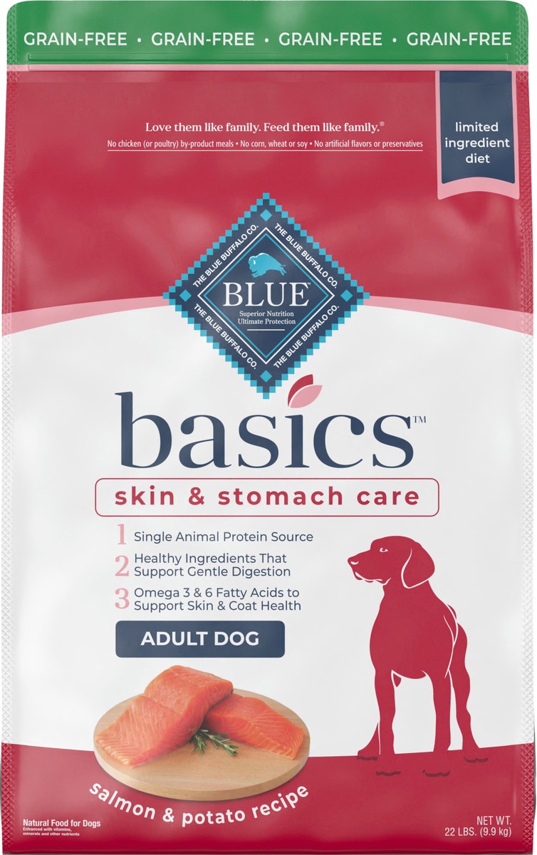 slide 9 of 9, Blue Buffalo Blue Basics Limited Ingredient Grain Free Salmon & Potato Adult Dog Food, 22 lb