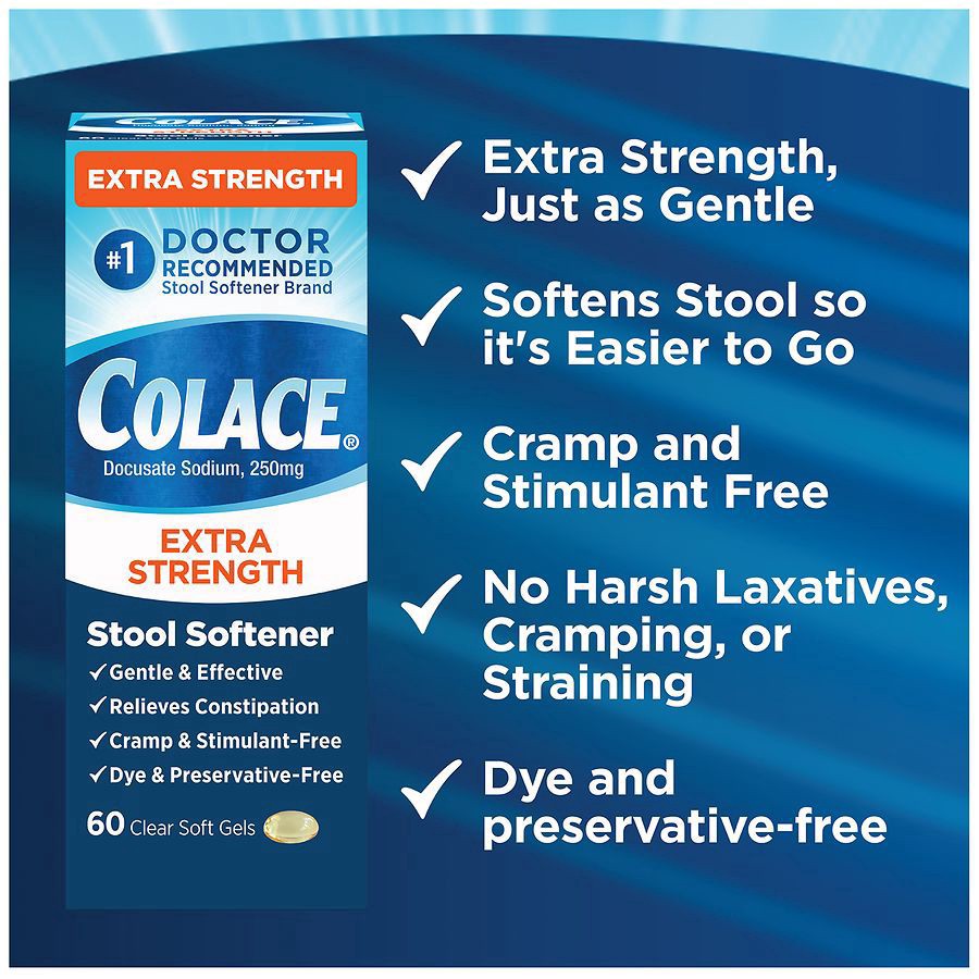 slide 5 of 5, Colace 250 mg Extra Strength Stool Softener 60 Soft Gels, 60 ct