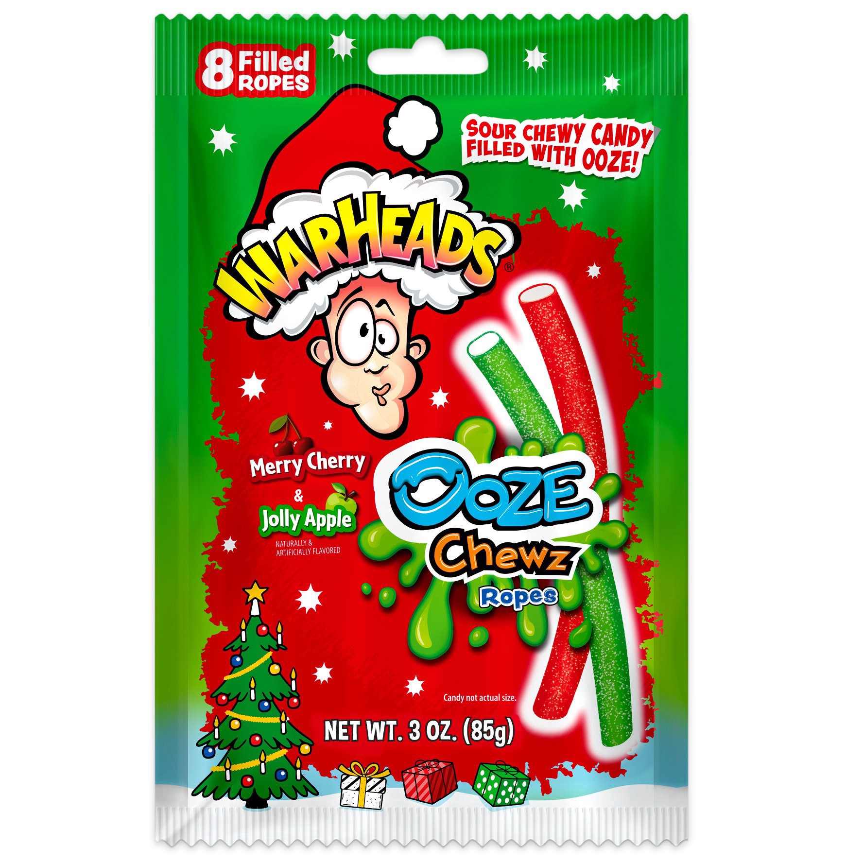 slide 1 of 1, Warheads Ooze Chewz Ropes Christmas Candy, 3 oz