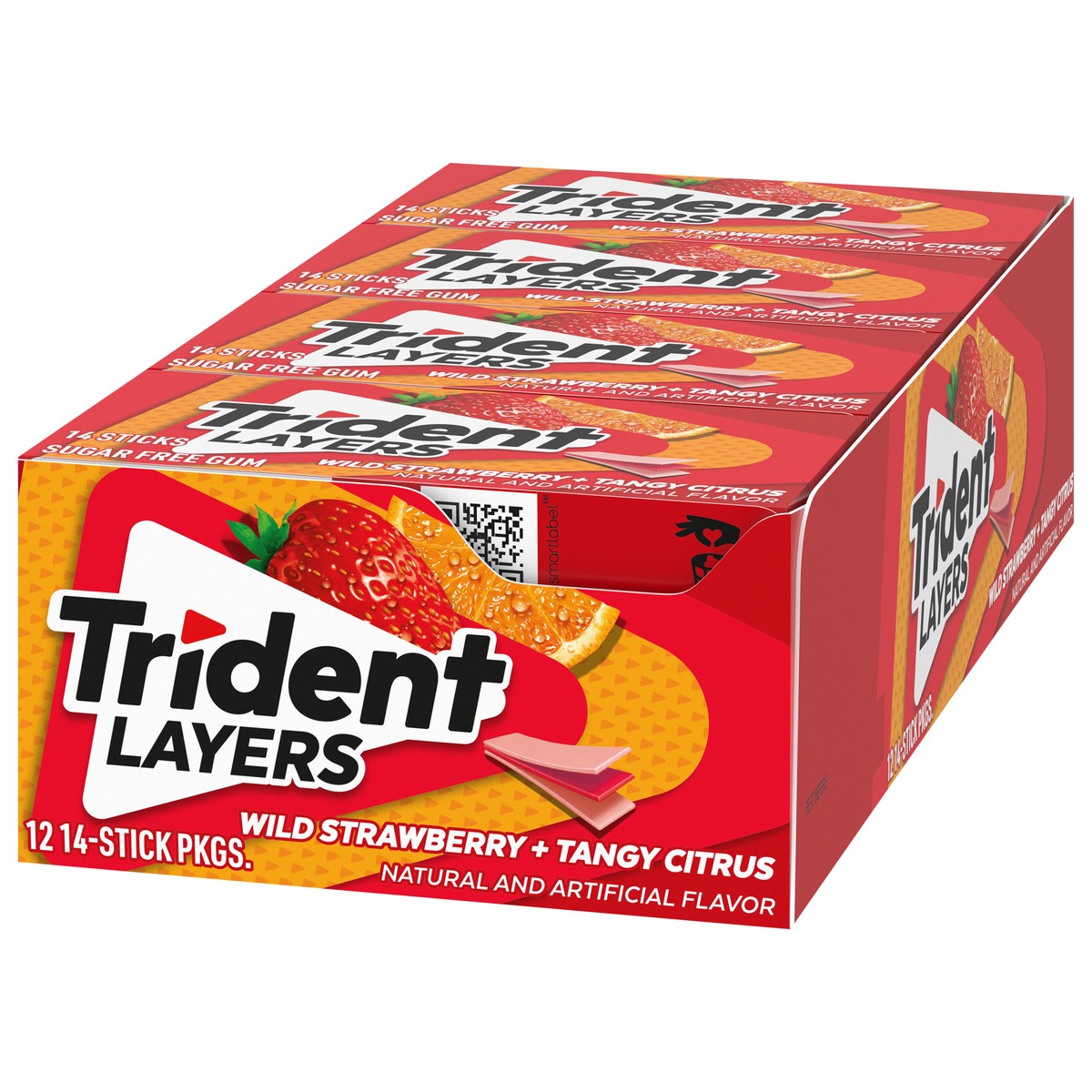 slide 9 of 9, Trident Layers Wild Strawberry & Tangy Citrus Sugar Free Gum, 12 Packs of 14 Pieces (168 Total Pieces), 14.22 oz