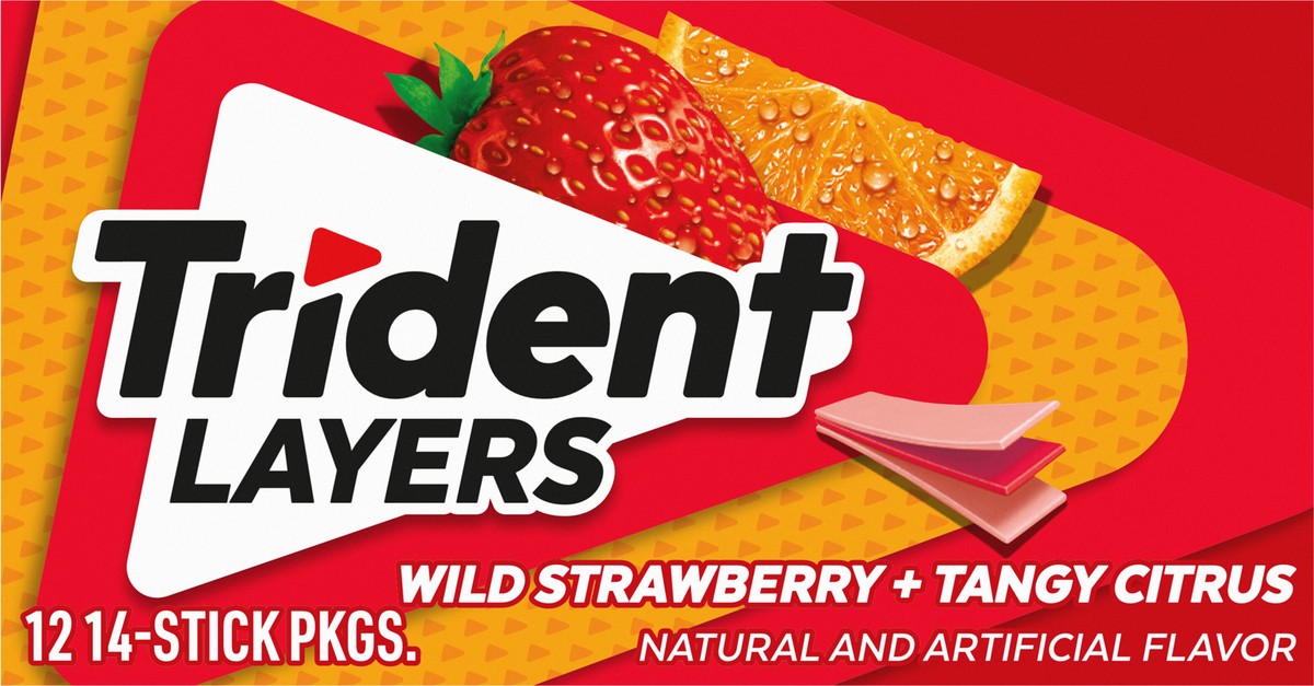 slide 5 of 9, Trident Layers Wild Strawberry & Tangy Citrus Sugar Free Gum, 12 Packs of 14 Pieces (168 Total Pieces), 14.22 oz