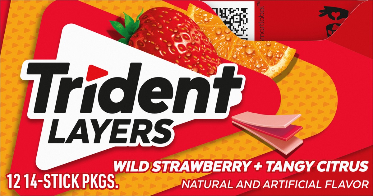 slide 4 of 9, Trident Layers Wild Strawberry & Tangy Citrus Sugar Free Gum, 12 Packs of 14 Pieces (168 Total Pieces), 14.22 oz