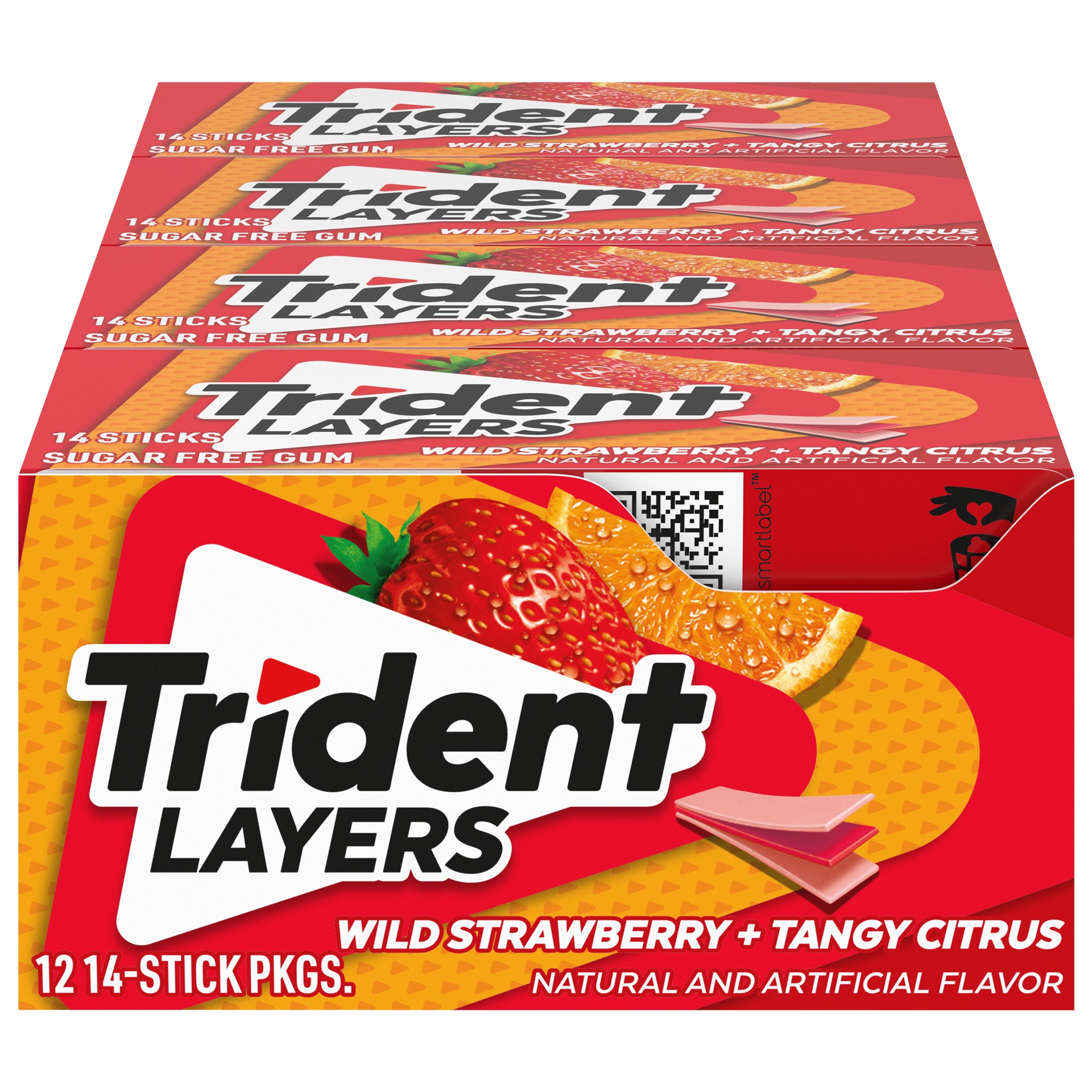 slide 1 of 9, Trident Layers Wild Strawberry & Tangy Citrus Sugar Free Gum, 12 Packs of 14 Pieces (168 Total Pieces), 14.22 oz