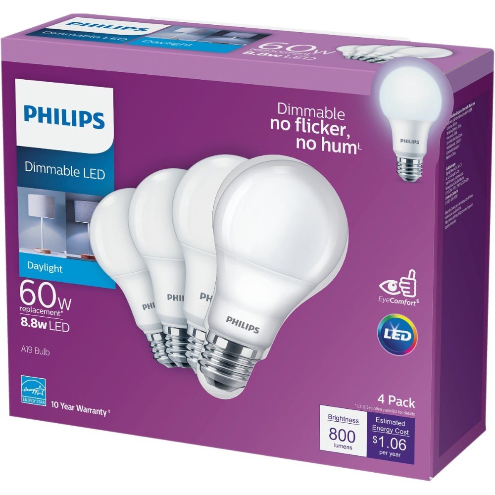 slide 2 of 2, Philips 88Watt 60Watt A19 Led Light Bulbs Daylight, 4 ct