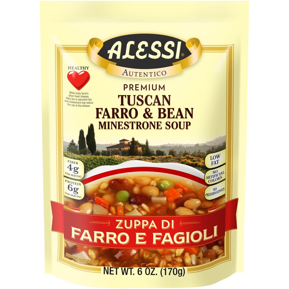 slide 1 of 1, Alessi Minestrone Soup, Tuscan Farro & Bean, Premium, 6 oz