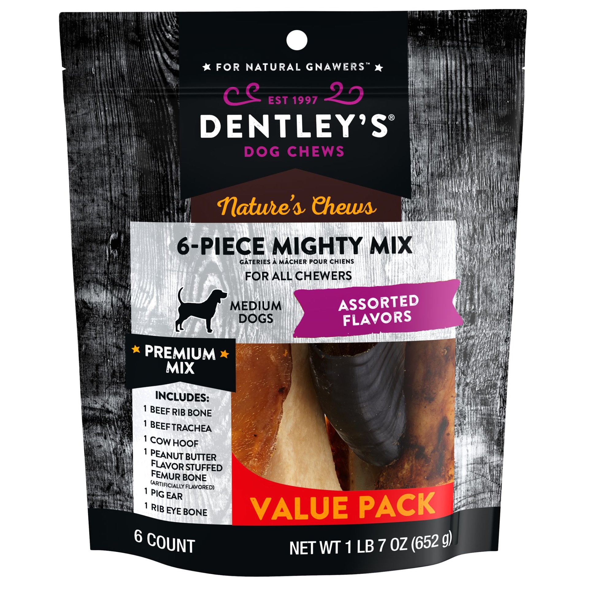 slide 1 of 1, Dentley's Nature's Chews 6-Mighty Mix Variety Pack Dog Chew, MED