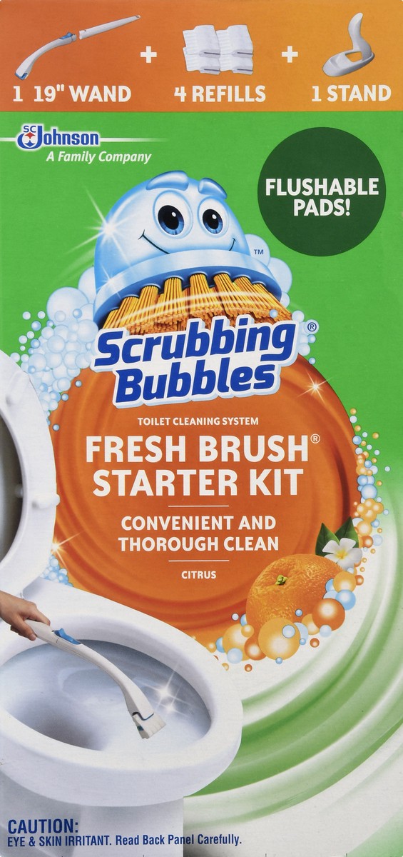 slide 5 of 8, Scrubbing Bubbles Fresh Brush Starter Kit, Citrus - Toilet Cleaning System with Flushable Pads (19 Inch Handle, 4 Pads and 1 Stand), 5 ct