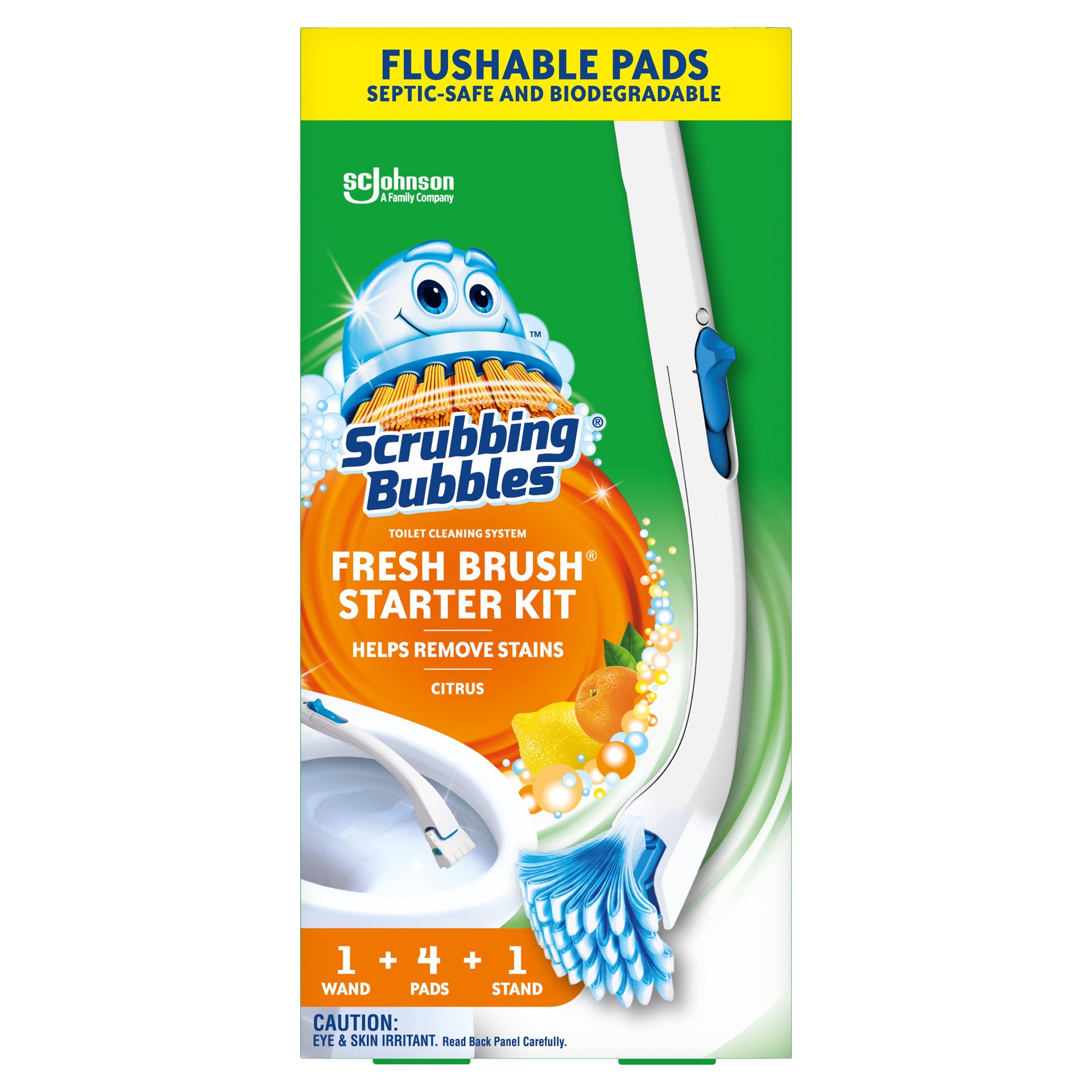 slide 1 of 8, Scrubbing Bubbles Fresh Brush Starter Kit, Citrus - Toilet Cleaning System with Flushable Pads (19 Inch Handle, 4 Pads and 1 Stand), 5 ct