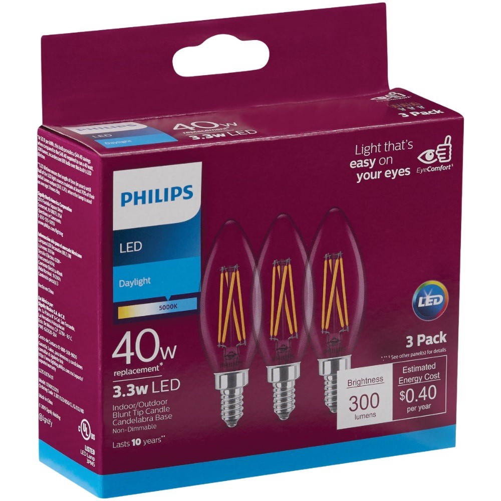 slide 2 of 2, Philips 33Watt 40Watt Candelabra Base Blunt Tip Candle B11 Led Light Bulbs Daylight, 3 ct