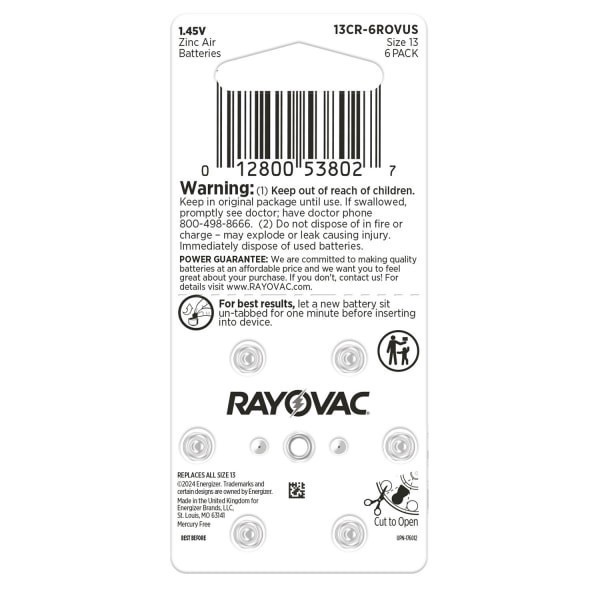 slide 5 of 5, RAYOVAC Size 13 Hearing Aid Batteries (6 Pack), 6 ct