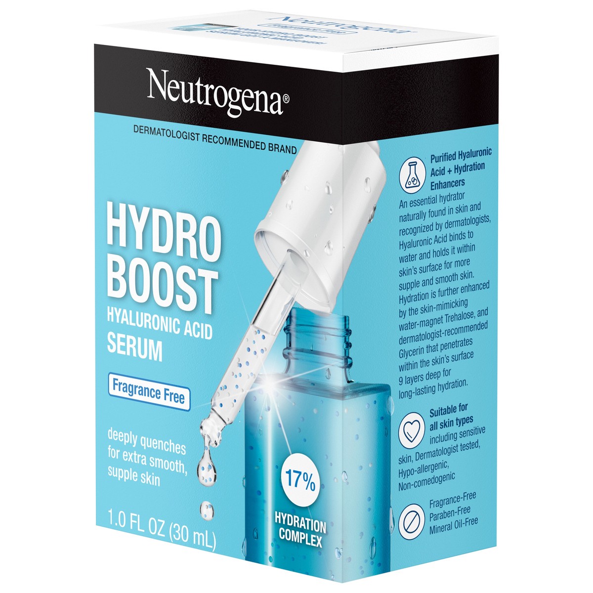 slide 3 of 8, Neutrogena Hydro Boost Hyaluronic Acid Serum For Face with Vitamin B5, Lightweight Hydrating Face Serum for Dry Skin, Oil-Free, Non-Comedogenic, Fragrance Free, 1 oz, 1 fl oz