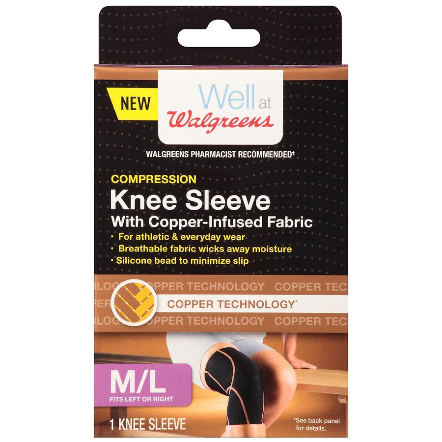 slide 1 of 4, Walgreens M/L Copper-Infused Fabric Compression Knee Sleeve, MED/LG