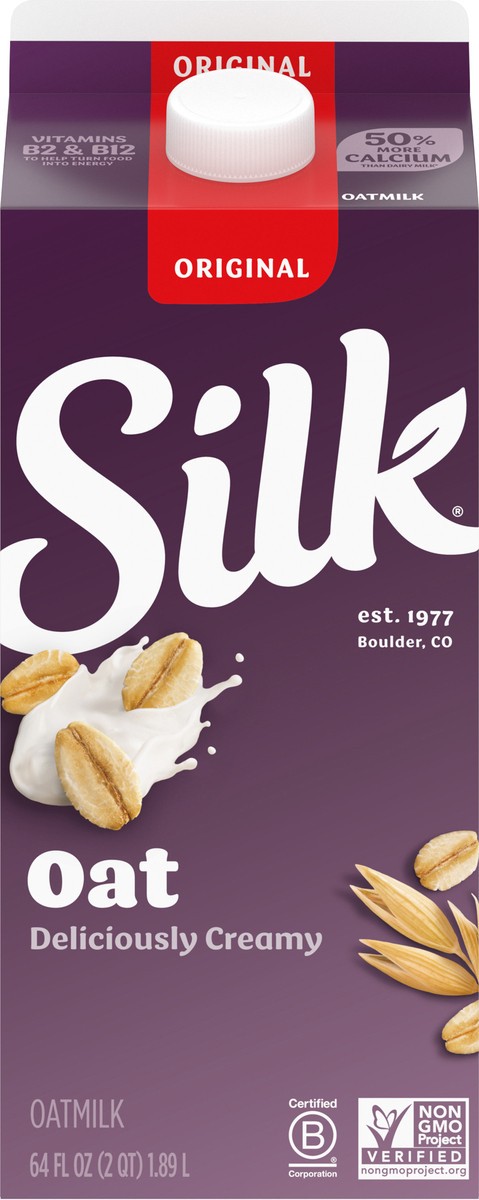 slide 7 of 9, Silk Oat Milk, Original, Dairy Free, Gluten Free, 64 FL OZ Half Gallon, 59 fl oz