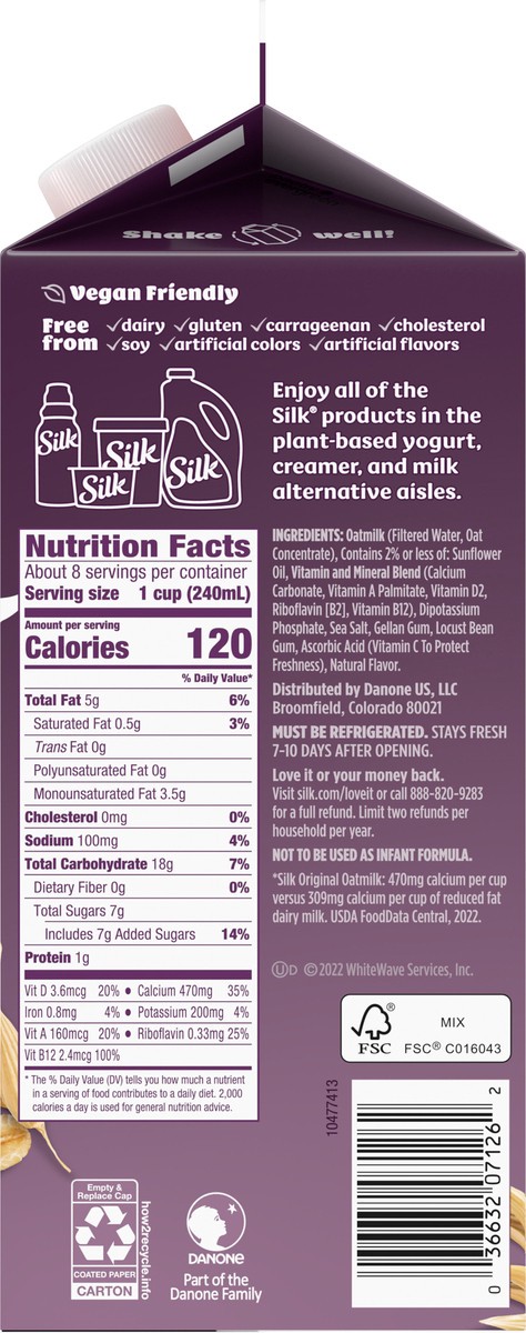 slide 2 of 9, Silk Oat Milk, Original, Dairy Free, Gluten Free, 64 FL OZ Half Gallon, 59 fl oz