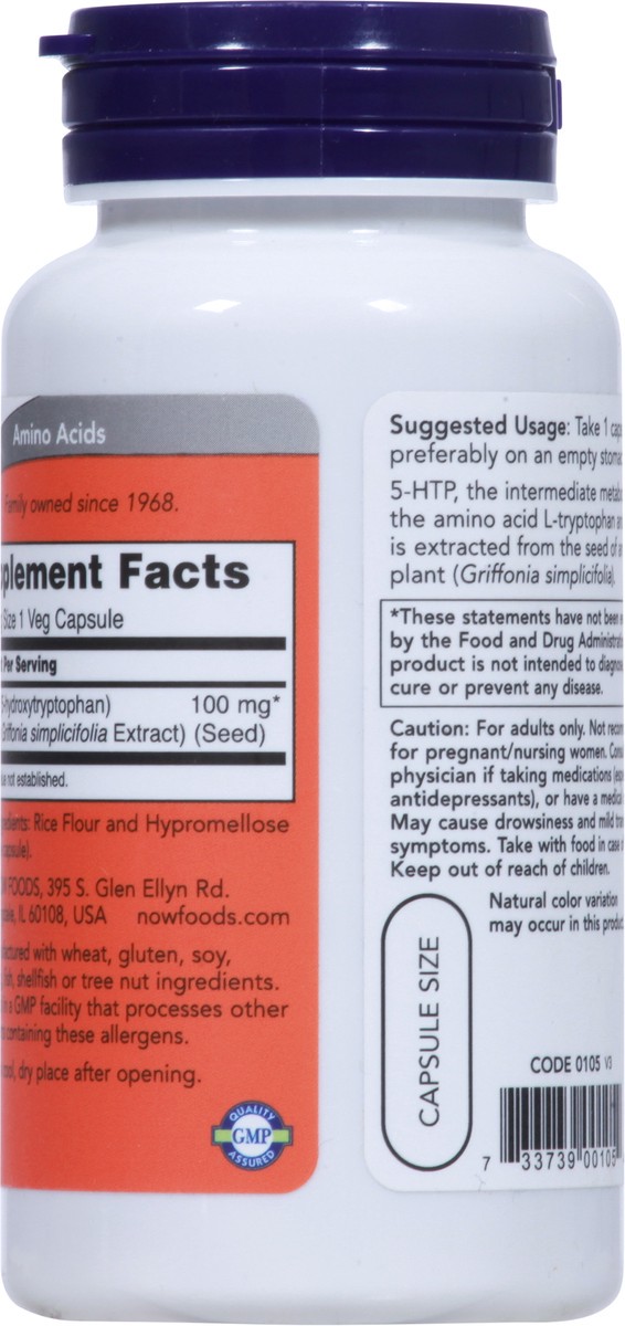 slide 7 of 9, NOW Supplements 5-HTP 100 mg - 60 Veg Capsules, 60 ct