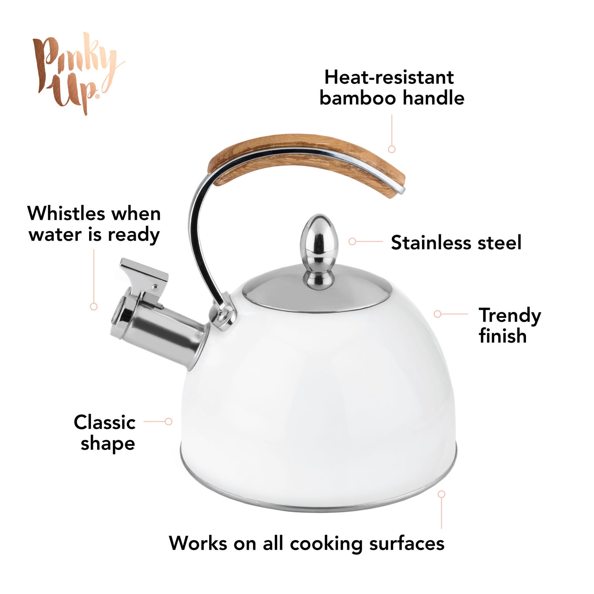 slide 5 of 5, Pinky Up Presley White 70 Oz Tea Kettle, Stovetop Induction Stainless Steel Whistling Kettle, 1 cnt