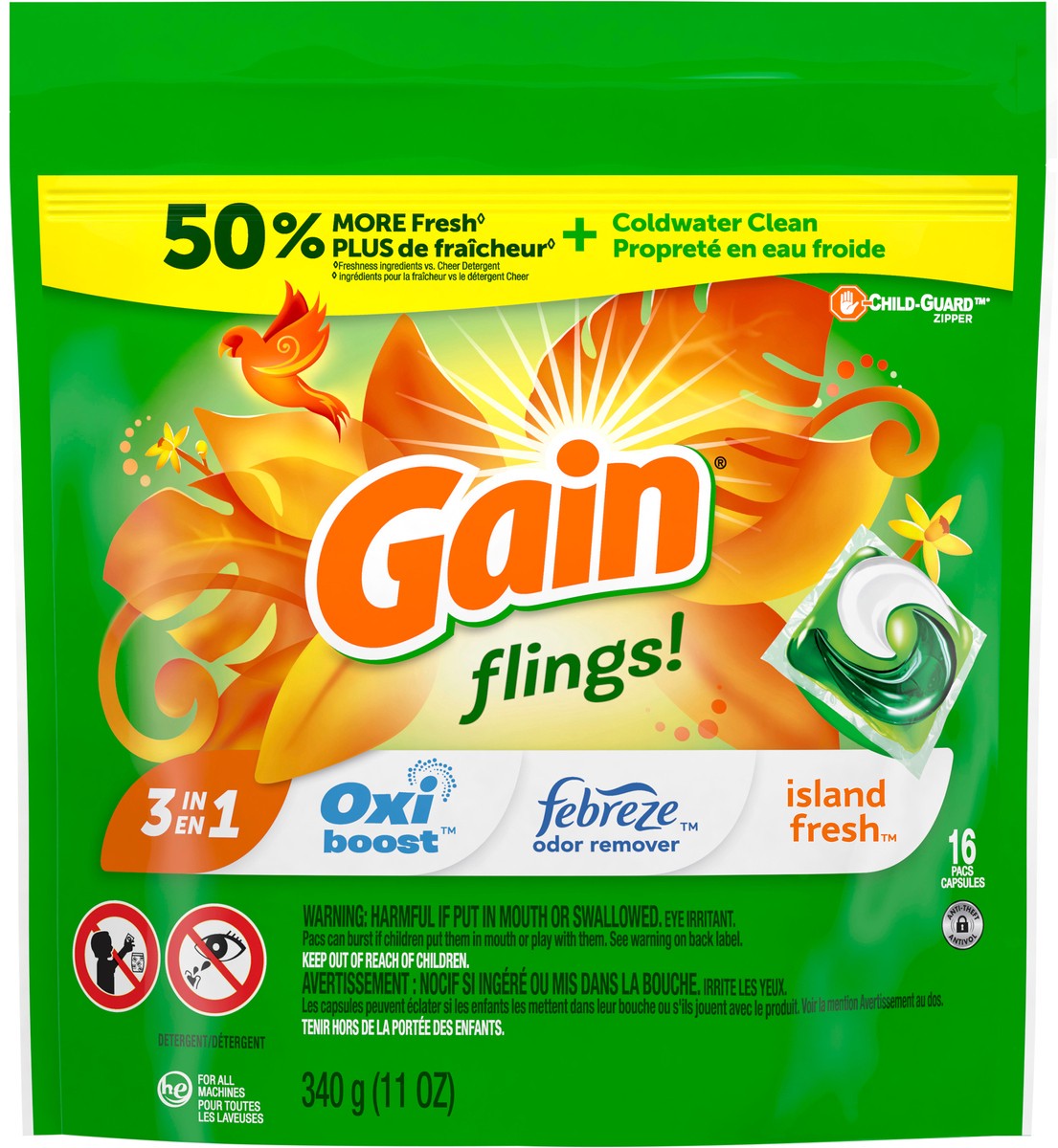 slide 1 of 9, Gain flings! Liquid Laundry Detergent Soap Pacs, HE Compatible, 16 Count, Long Lasting Scent, Island Fresh Scent, 16 ct