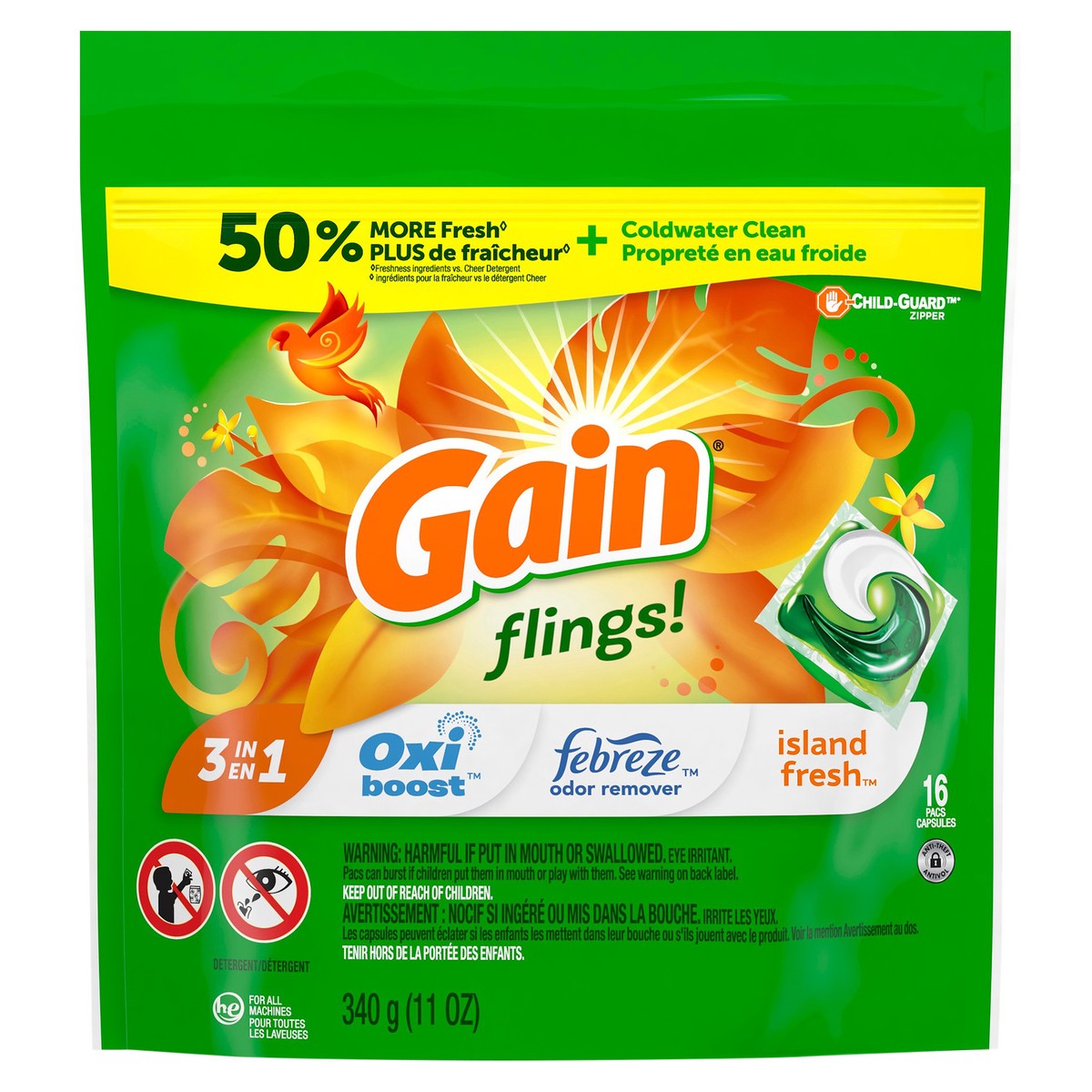 slide 1 of 9, Gain flings! Liquid Laundry Detergent Soap Pacs, HE Compatible, 16 Count, Long Lasting Scent, Island Fresh Scent, 16 ct
