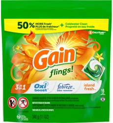 Gain flings! Liquid Laundry Detergent Soap Pacs, HE Compatible, 16 Count, Long Lasting Scent, Island Fresh Scent