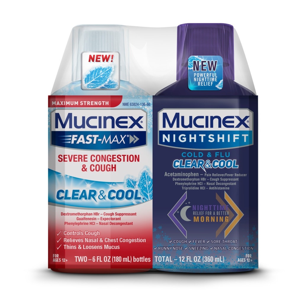 slide 1 of 1, Mucinex Fastmax Severe Congestion Cough & Nightshift Cold Flu Liquid Medicine Combo, 12 fl oz