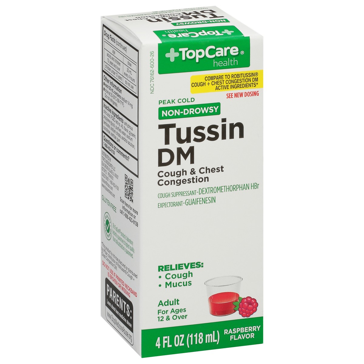 slide 8 of 9, TopCare Health Adult Non-Drowsy Peak Cold Raspberry Flavor Tussin DM 4 fl oz, 4 fl oz
