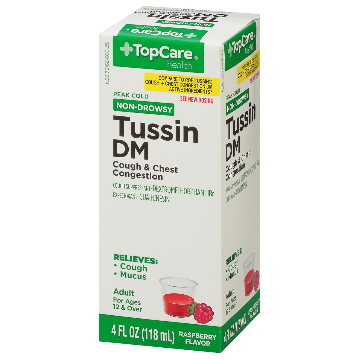 slide 7 of 9, TopCare Health Adult Non-Drowsy Peak Cold Raspberry Flavor Tussin DM 4 fl oz, 4 fl oz