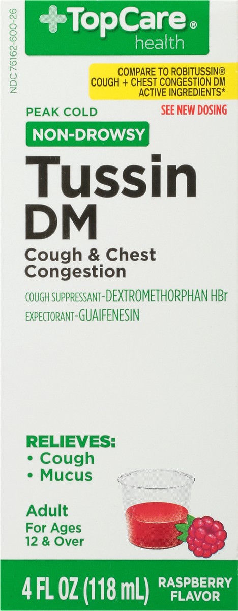 slide 3 of 9, TopCare Health Adult Non-Drowsy Peak Cold Raspberry Flavor Tussin DM 4 fl oz, 4 fl oz