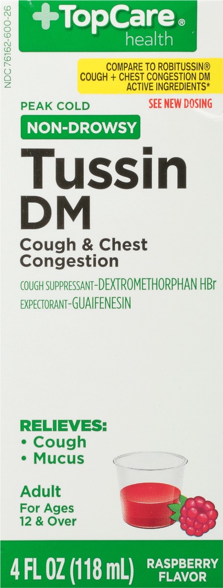 slide 9 of 9, TopCare Health Adult Non-Drowsy Peak Cold Raspberry Flavor Tussin DM 4 fl oz, 4 fl oz