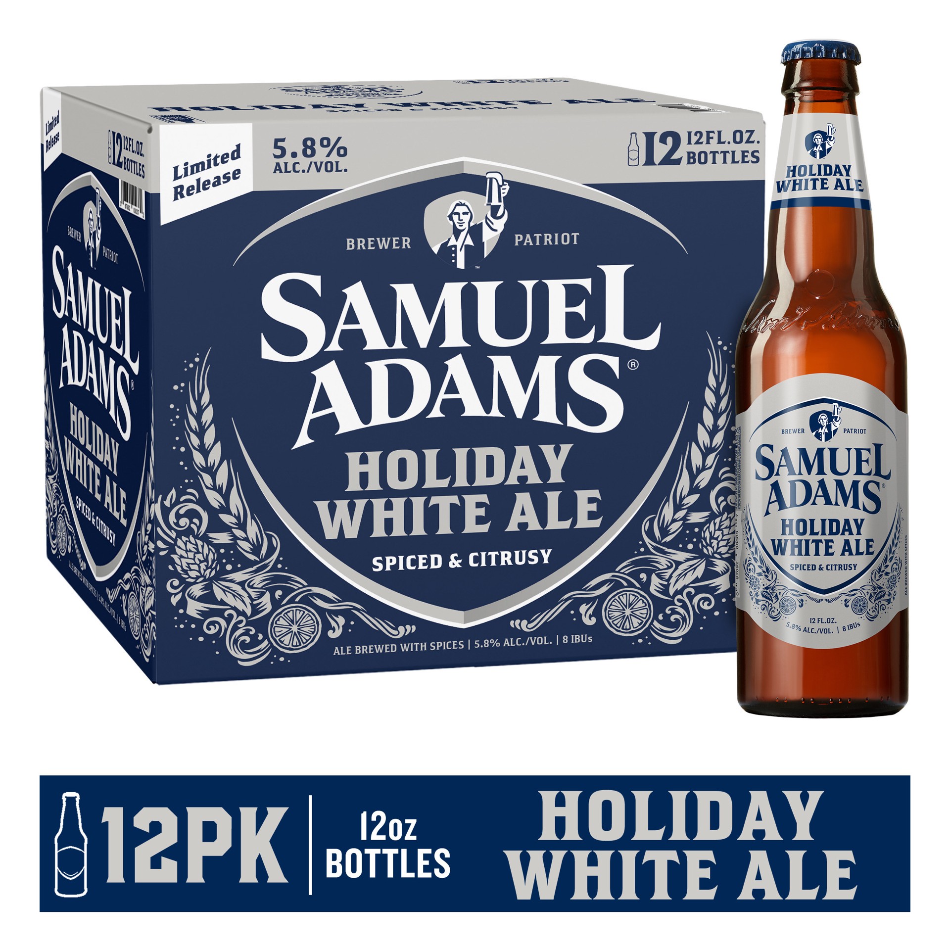 slide 1 of 8, Samuel Adams Holiday White Ale Seasonal Beer (12 fl. oz. Bottle, 12pk.), 12 ct; 12 oz