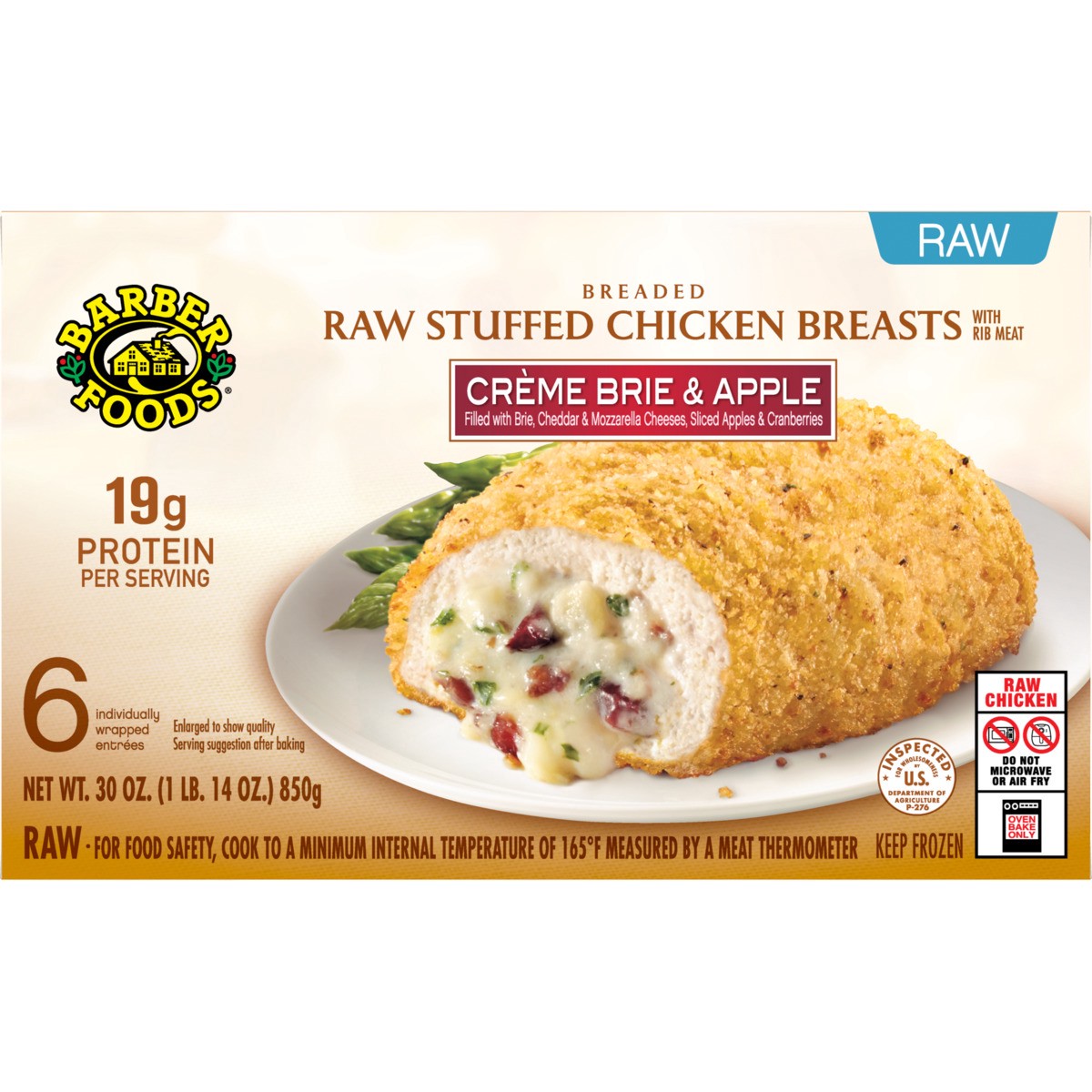 slide 1 of 8, Barber Foods Stuffed Chicken Breasts Creme Brie Apple, 6 Count, 30 oz