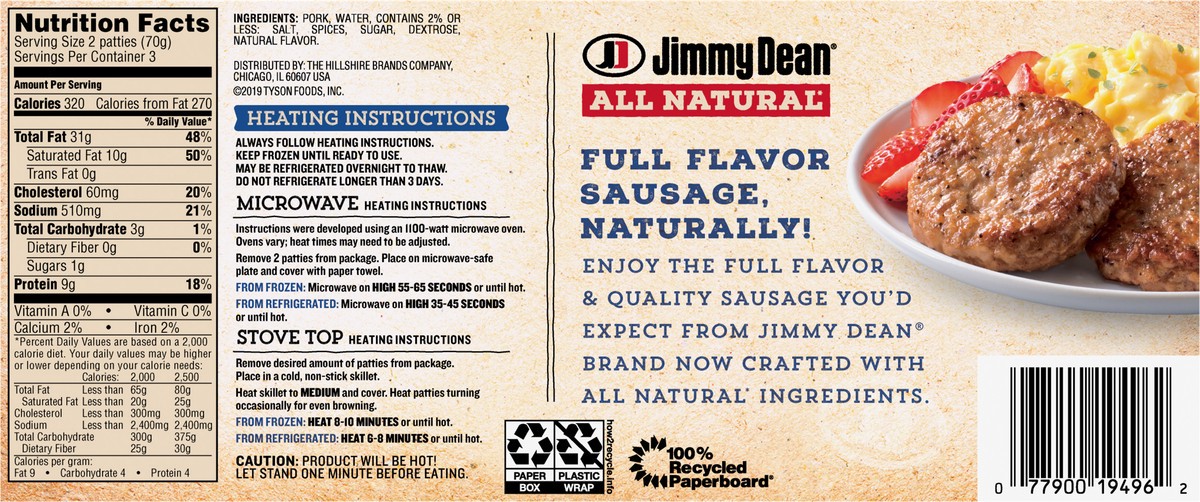 slide 2 of 11, Jimmy Dean All-Natural* Original Pork Sausage Patties, 6 Count, 212.62 g