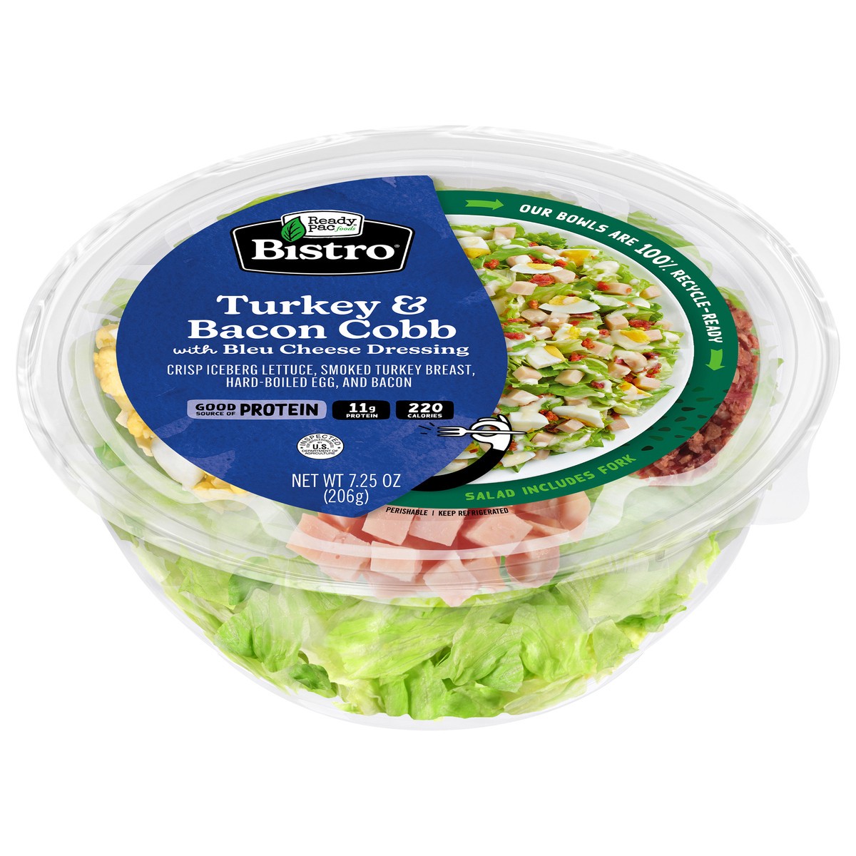 slide 1 of 11, Ready Pac Foods Bistro Turkey & Bacon Cobb Salad with Bleu Cheese Dressing 7.25 oz, 7.25 oz