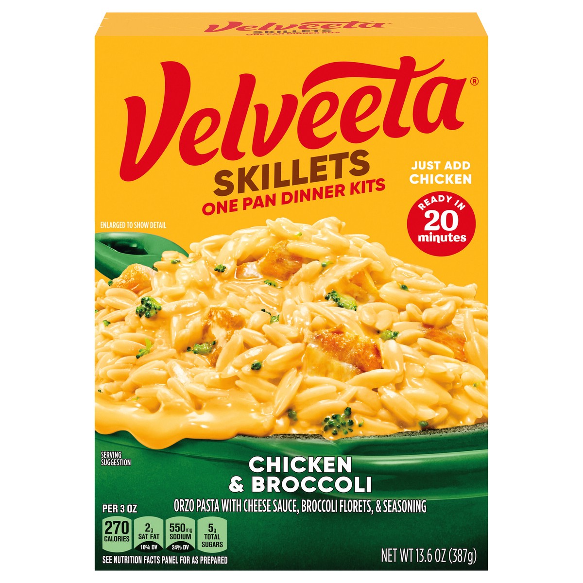 slide 1 of 11, Velveeta Skillets Chicken & Broccoli One Pan Dinner Kit, 13.6 oz Box, 13.6 oz
