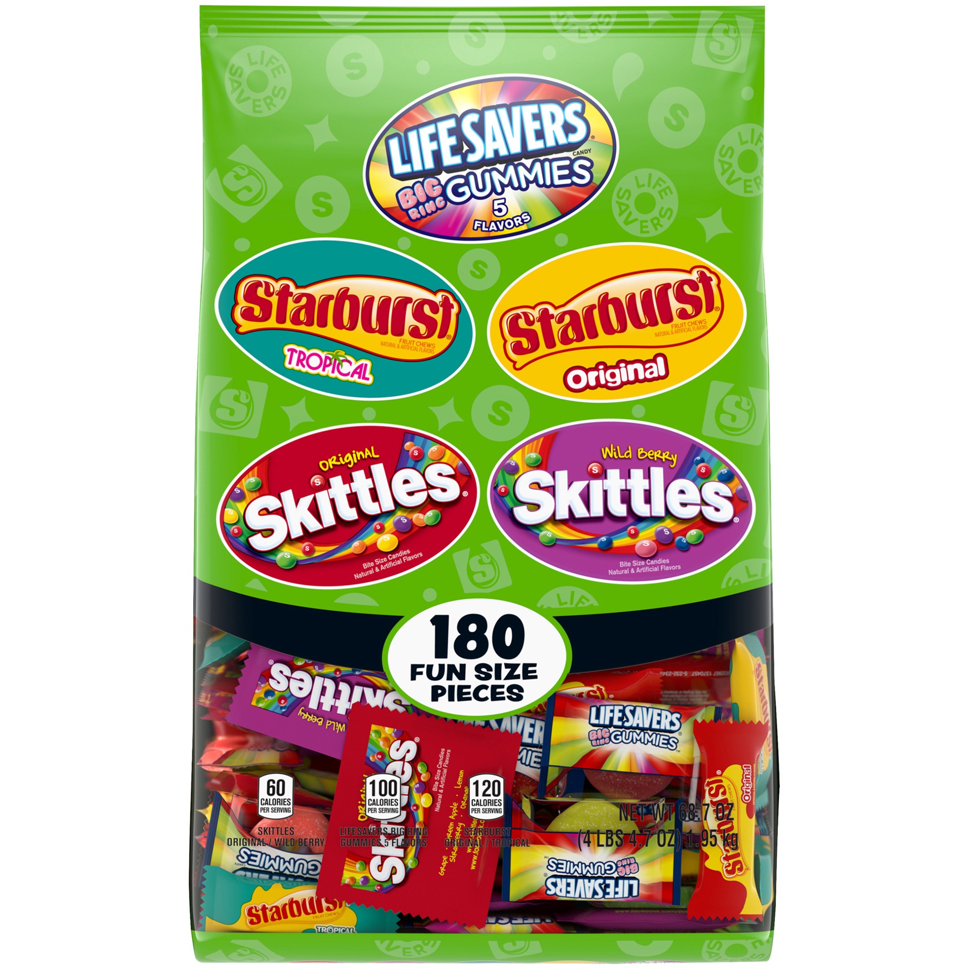 slide 1 of 5, Mixed Skittles, Starburst, and Life Savers Gummies Halloween Candy Bag, 180 Fun Size Pieces, 68.7 ounce, 68.7 oz