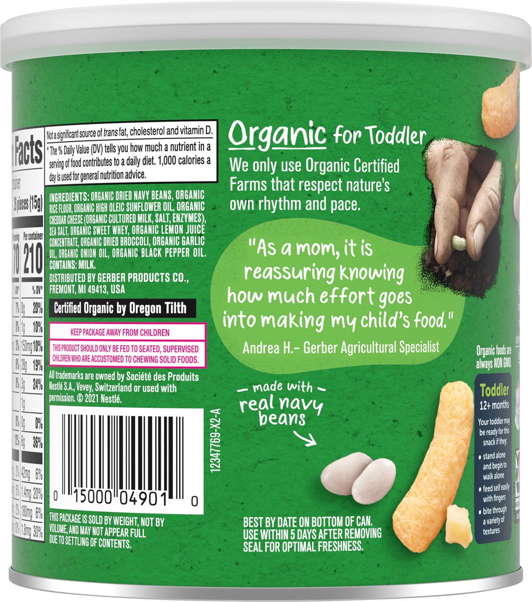 slide 9 of 9, Gerber 2nd Foods Organic for Toddler, Lil' Crunchies, White Cheddar Broccoli, 1.59 oz Canister, 1.59 oz