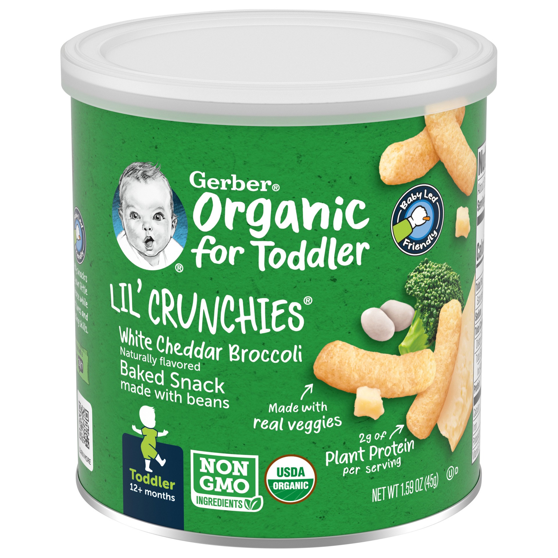 slide 1 of 9, Gerber 2nd Foods Organic for Toddler, Lil' Crunchies, White Cheddar Broccoli, 1.59 oz Canister, 1.59 oz