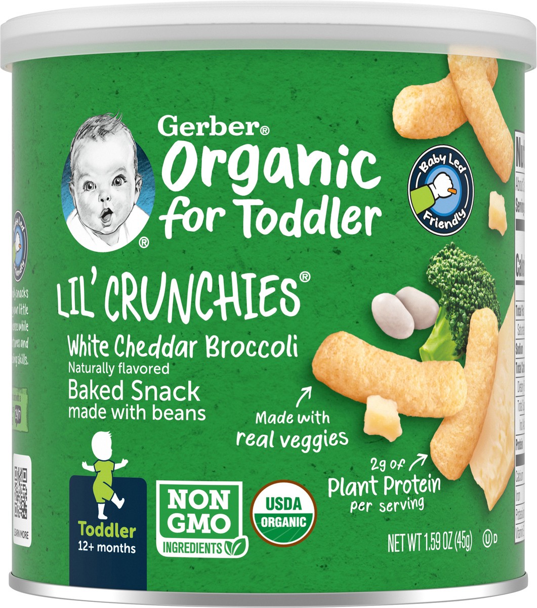 slide 6 of 9, Gerber 2nd Foods Organic for Toddler, Lil' Crunchies, White Cheddar Broccoli, 1.59 oz Canister, 1.59 oz