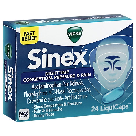 slide 1 of 1, Vicks Sinex Congestion Pressure & Pain Medicine Nighttime Max Strength Liquicaps, 24 ct