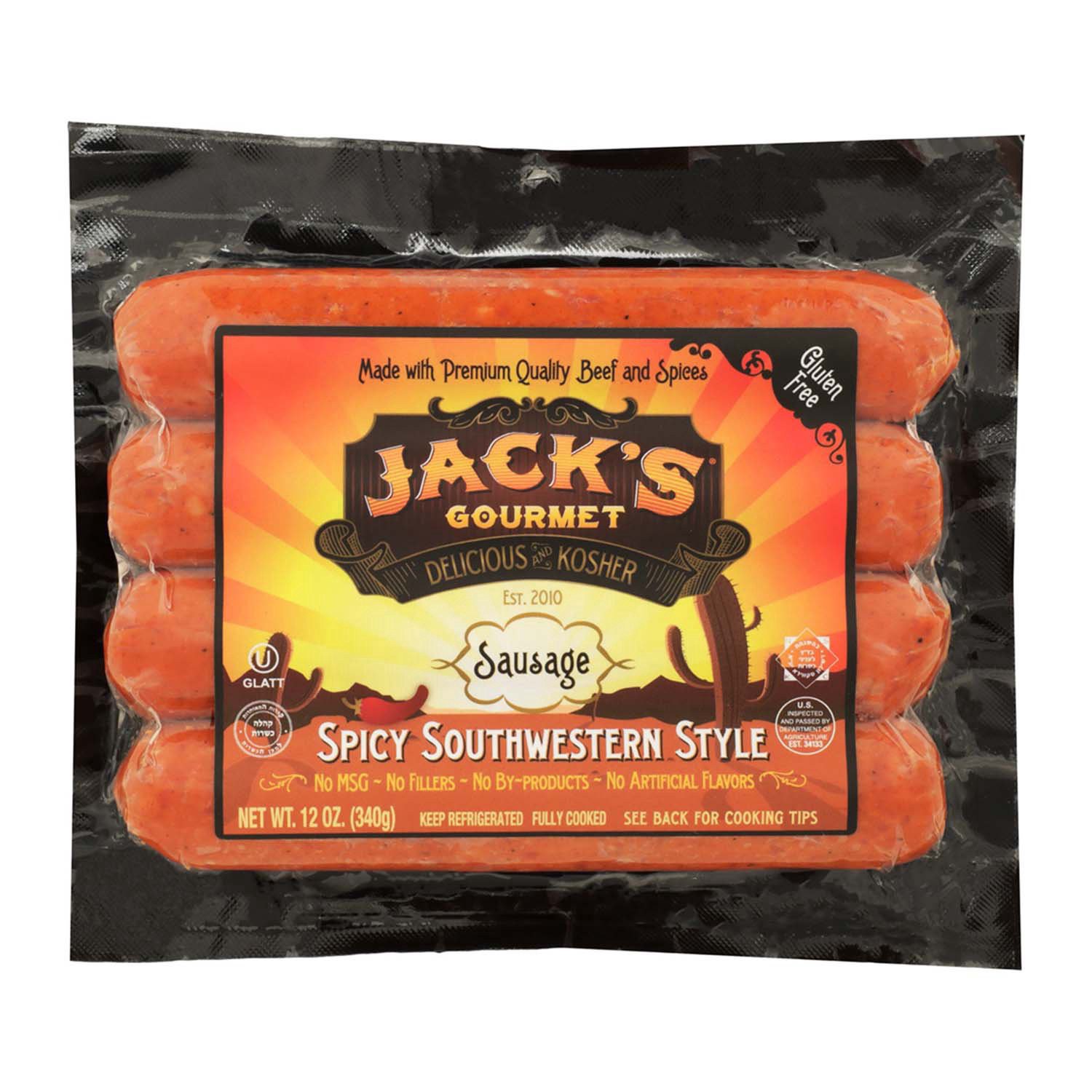 slide 1 of 1, Jack's Gourmet Kosher Spicy Southwestern Style Beef Sausage, 12 oz