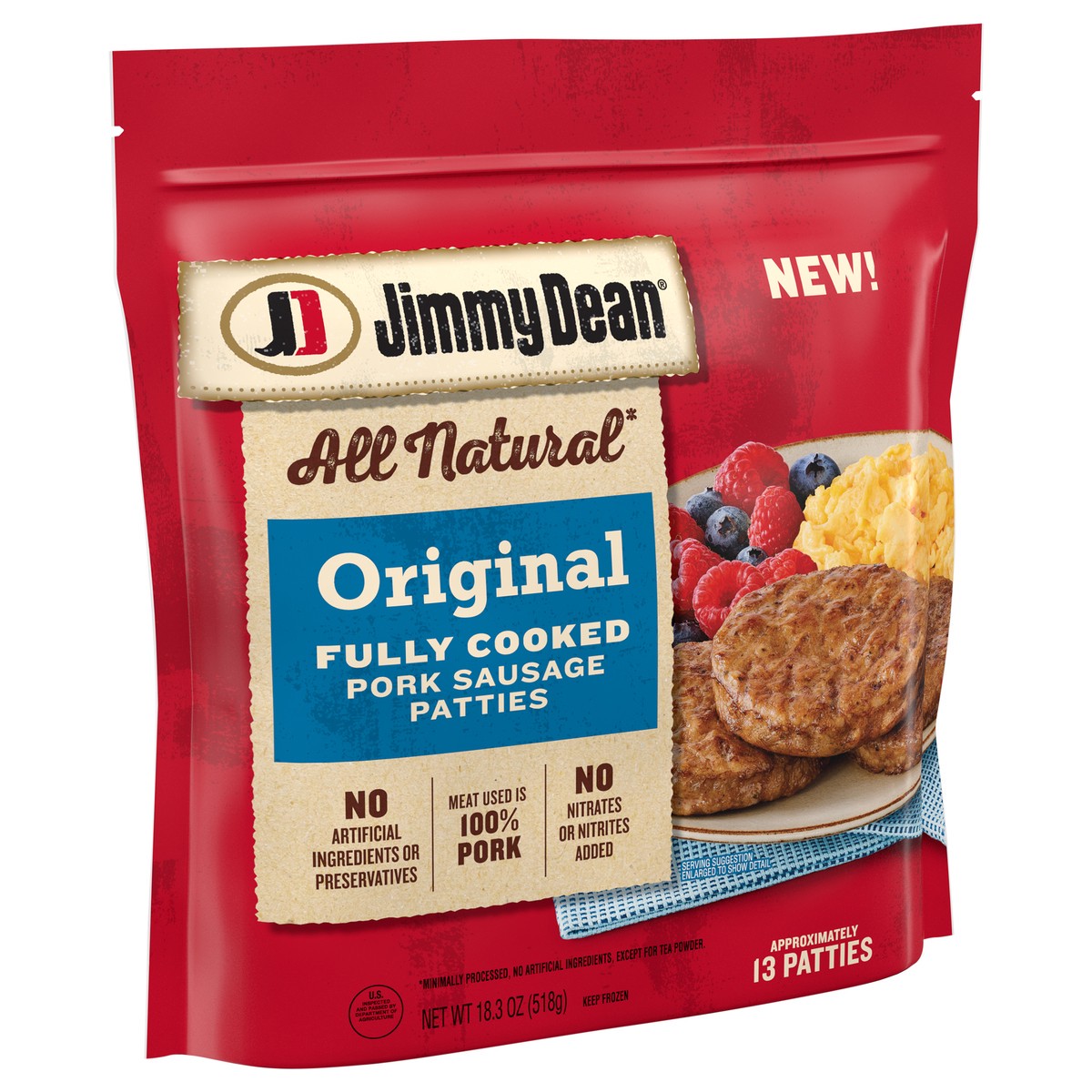 slide 3 of 6, Jimmy Dean All Natural Original Fully Cooked Pork Sausage Patties, 18.3 oz Bag, 18.3 oz