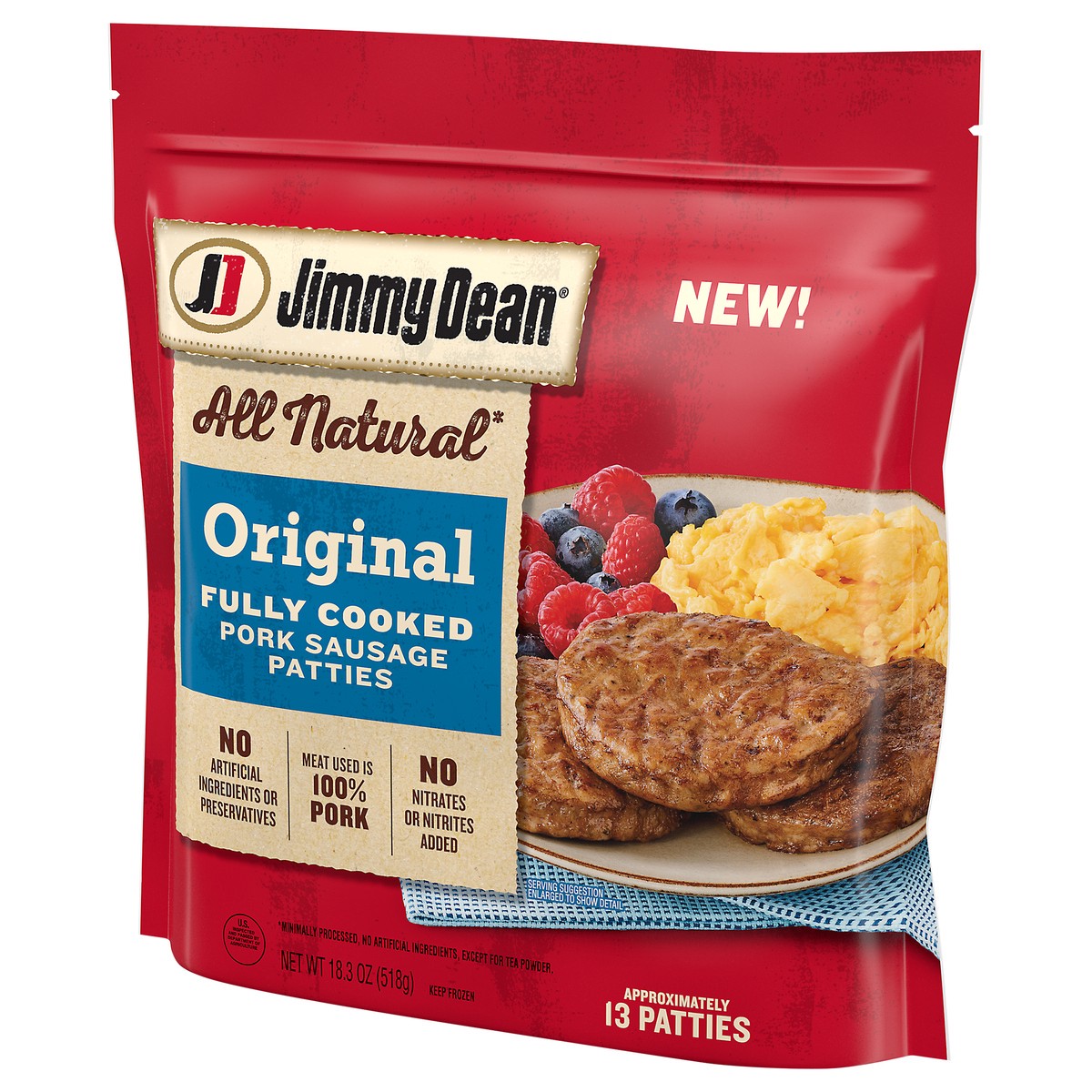 slide 6 of 6, Jimmy Dean All Natural Original Fully Cooked Pork Sausage Patties, 18.3 oz Bag, 18.3 oz