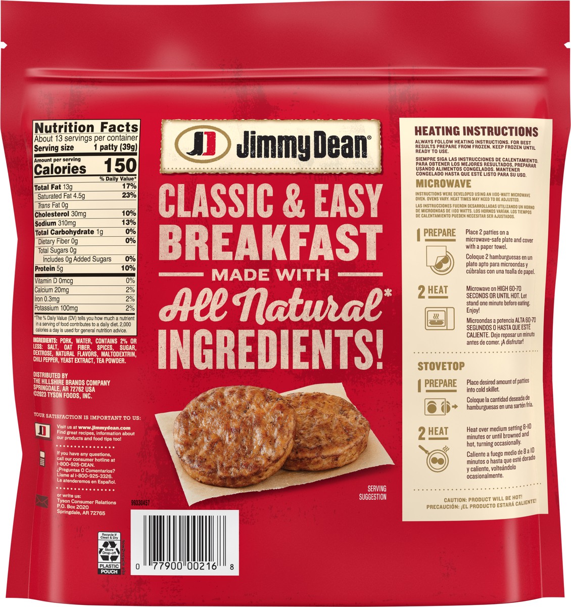 slide 2 of 6, Jimmy Dean All Natural Original Fully Cooked Pork Sausage Patties, 18.3 oz Bag, 18.3 oz