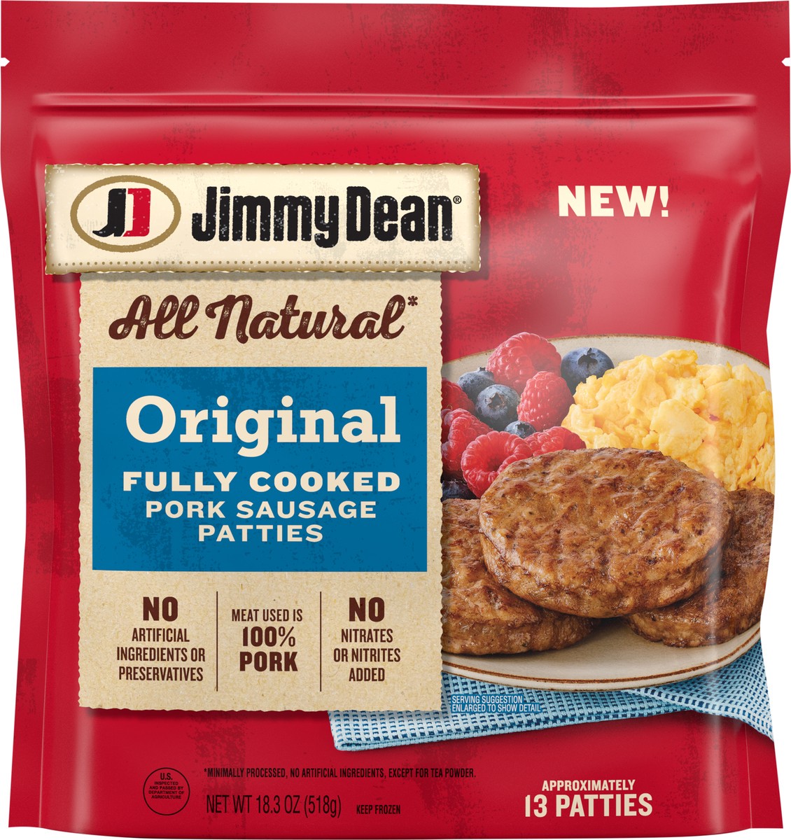 slide 5 of 6, Jimmy Dean All Natural Original Fully Cooked Pork Sausage Patties, 18.3 oz Bag, 18.3 oz