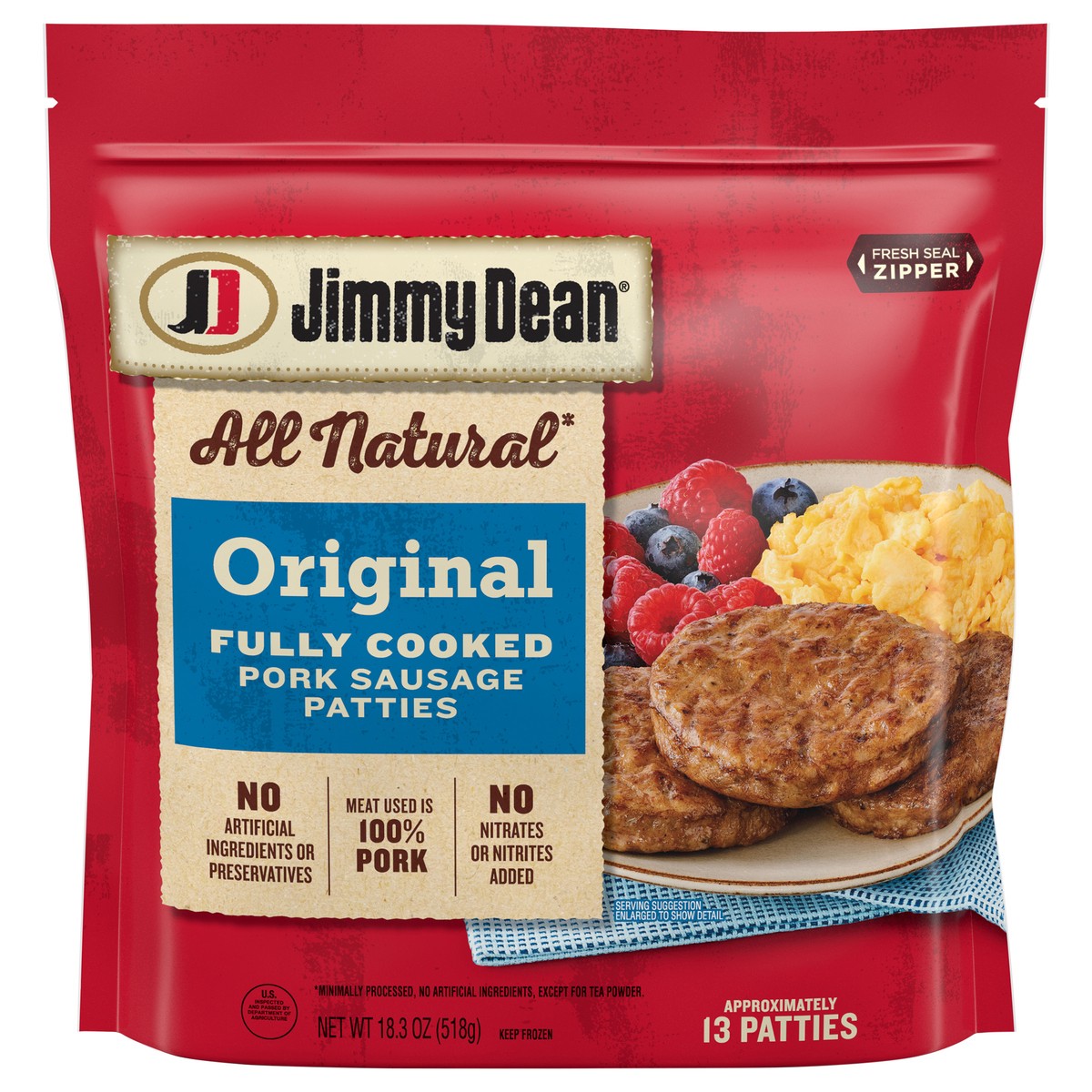 slide 1 of 6, Jimmy Dean All Natural Original Fully Cooked Pork Sausage Patties, 18.3 oz Bag, 18.3 oz