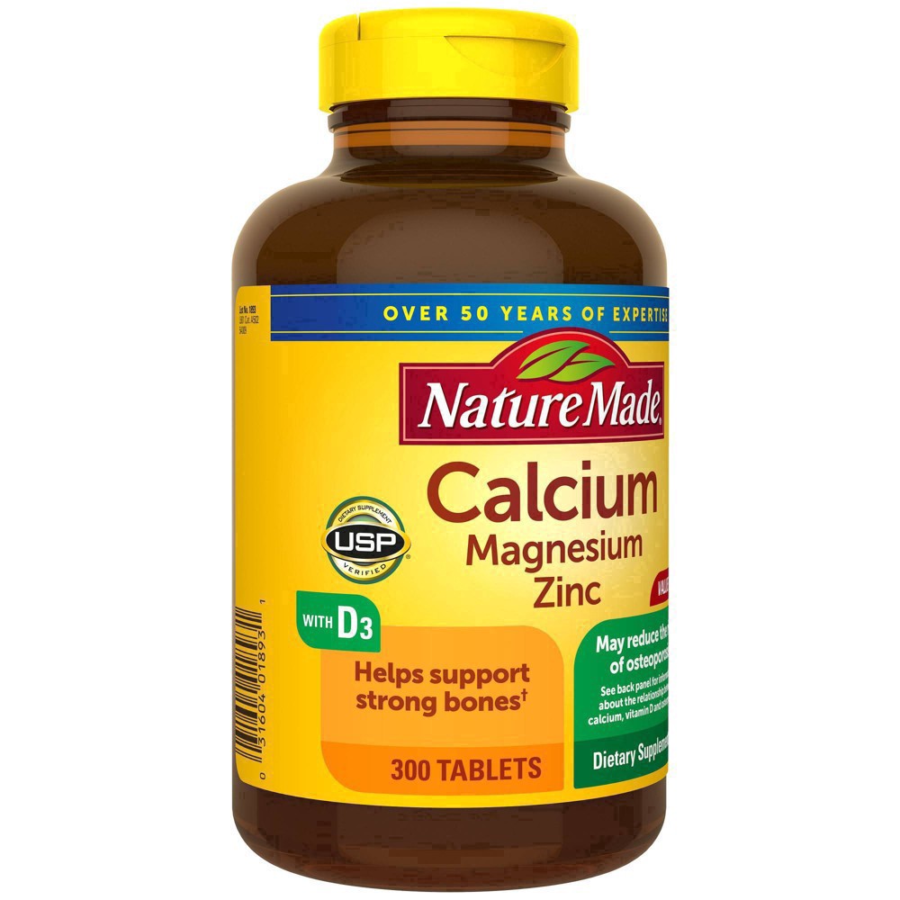 slide 10 of 74, Nature Made Calcium Magnesium Zinc with Vitamin D3, Dietary Supplement for Bone Support, 300 Tablets, 300 ct