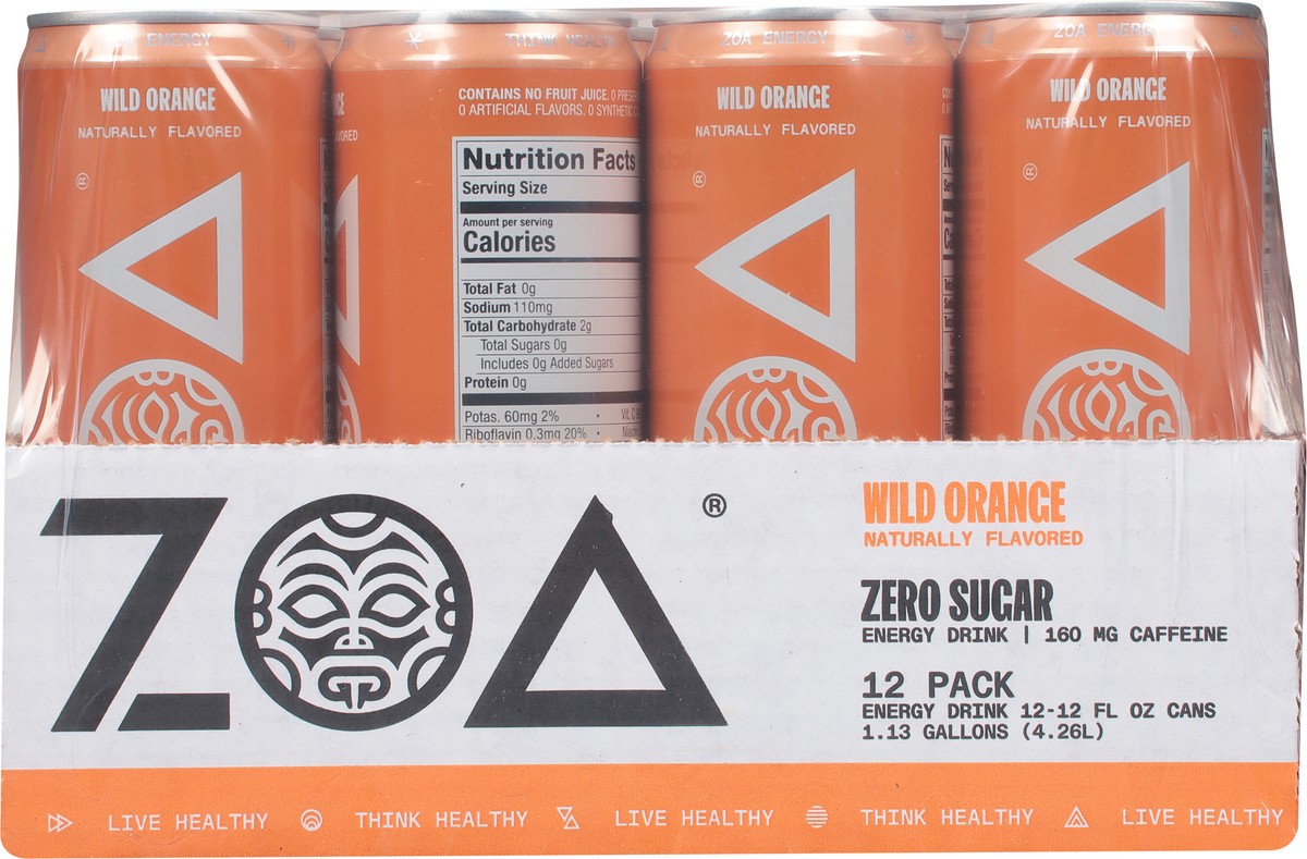 slide 6 of 9, ZOA Zero Sugar Wild Orange Energy Drink - 12 ct, 12 ct