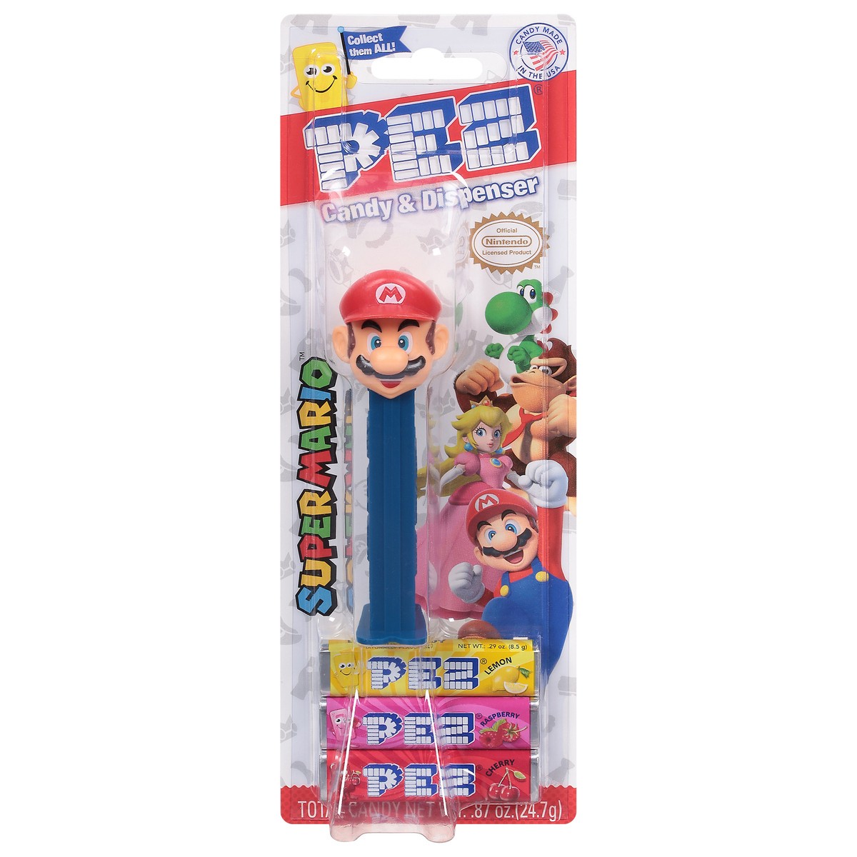 slide 1 of 2, PEZ Super Mario Lemon/Raspberry/Cherry Candy & Dispenser .87 oz, 1 ct