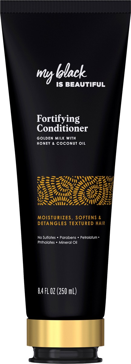 slide 2 of 2, My Black is Beautiful Fortifying Conditioner, Sulfate Free, for Curly and Coily Hair with Coconut Oil, Honey and Turmeric, 9.6 fl oz, 8.4 fl oz