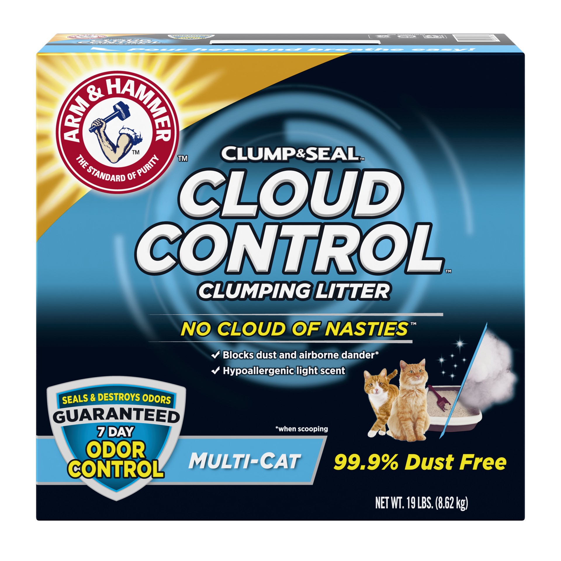 slide 1 of 5, ARM & HAMMER Cloud Control Multi-Cat Clumping Cat Litter with Hypoallergenic Light Scent, 19lb, 19 lb